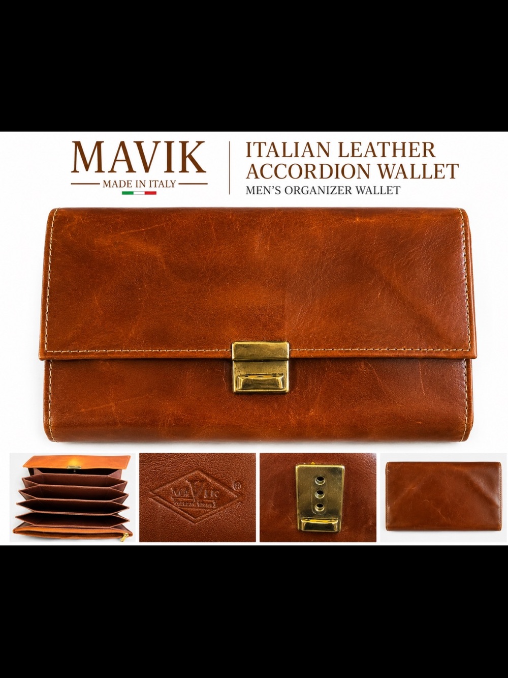 MAVIK Italian Leather Accordion Wallet Clutch Cognac Brown Organizer